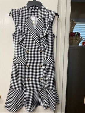 Tailored Black and White Midi Dress with Half Gold/Black Buttons